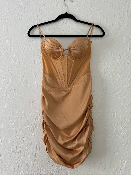 Oh Polly Dresses & Skirts - Oh Polly Satin Sculpted Bustier Mini Dress in Camel